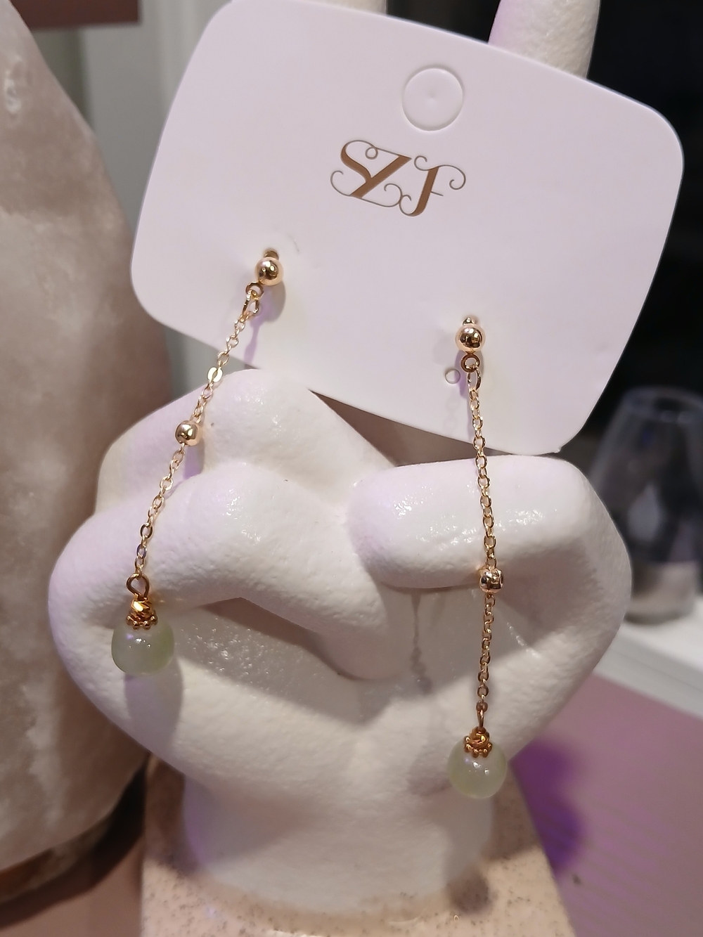 Dainty Long Gold-Tone Drop Earrings Pale Green Gemstones - NWT on CARD